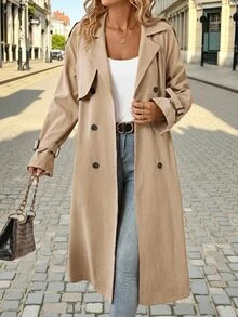 Editum Women's Solid Color Flat Collar Casual French Elegant Versatile Daily Wear Trench Coat Office Khaki Fall - Khaki - View 3