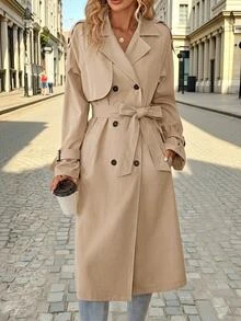 Editum Women's Solid Color Flat Collar Casual French Elegant Versatile Daily Wear Trench Coat Office Khaki Fall - Khaki - View 5