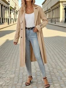 Editum Women's Solid Color Flat Collar Casual French Elegant Versatile Daily Wear Trench Coat Office Khaki Fall - Khaki - View 6