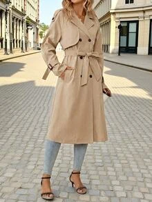 Editum Women's Solid Color Flat Collar Casual French Elegant Versatile Daily Wear Trench Coat Office Khaki Fall - Khaki - View 7