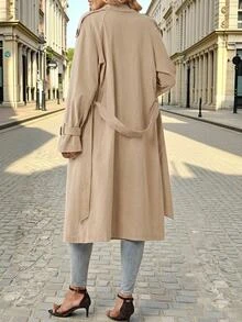 Editum Women's Solid Color Flat Collar Casual French Elegant Versatile Daily Wear Trench Coat Office Khaki Fall - Khaki - View 2