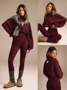GLOWMODE SoftWarm Modal Bubble Up Sweatshirt Ribbed Cuffs High Neck Oversized Pullover Autumn Winter Daily Wear - Burgundy - View 9