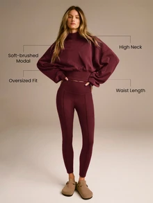 GLOWMODE SoftWarm Modal Bubble Up Sweatshirt Ribbed Cuffs High Neck Oversized Pullover Autumn Winter Daily Wear - Burgundy - View 2