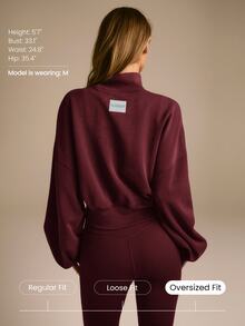 GLOWMODE SoftWarm Modal Bubble Up Sweatshirt Ribbed Cuffs High Neck Oversized Pullover Autumn Winter Daily Wear - Burgundy - View 3