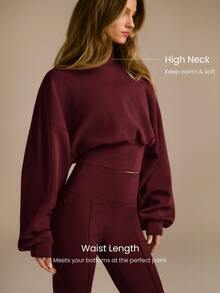 GLOWMODE SoftWarm Modal Bubble Up Sweatshirt Ribbed Cuffs High Neck Oversized Pullover Autumn Winter Daily Wear - Burgundy - View 4