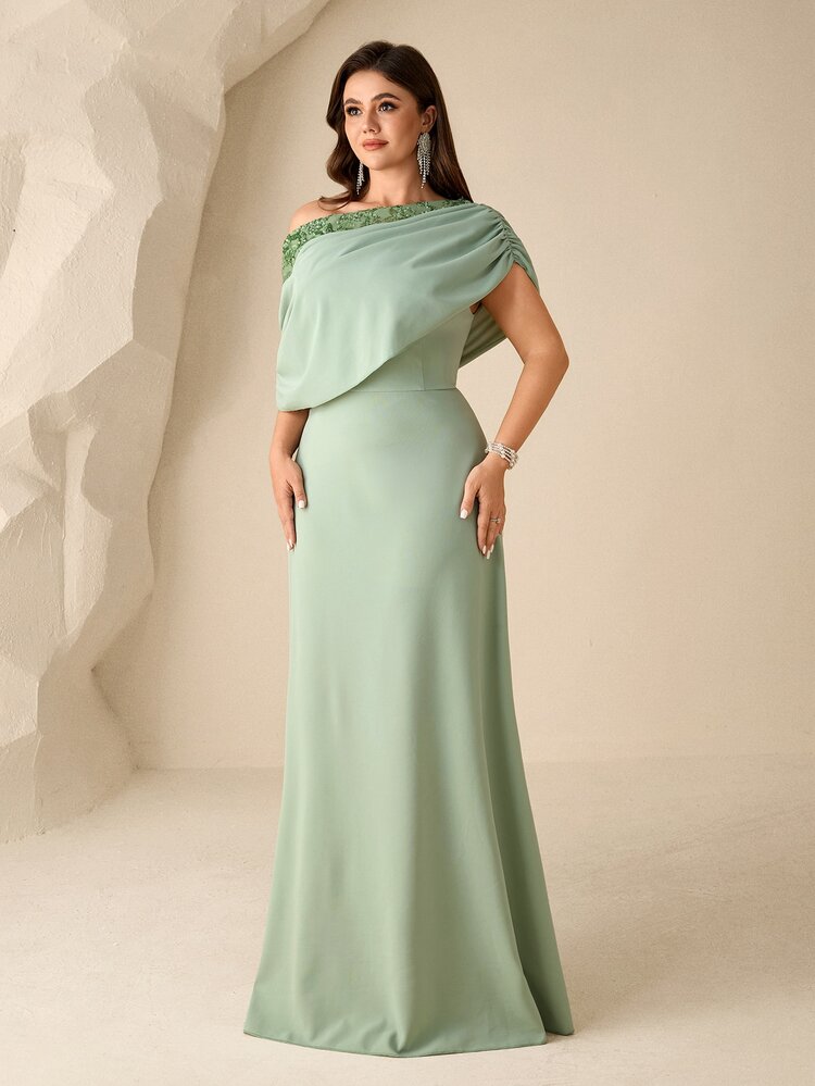 Coutiva Plus Size Mother Of The Bride Ruched Asymmetric Neck Elegant Formal Wedding Dinner Party Dress Wedding Sage Green Autumn - Green - View 5