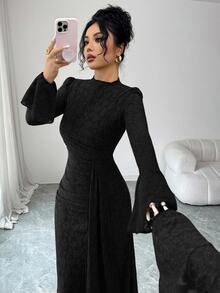 Seusyu French Design Lace High Neck Flared Waist Ruched Slim Fit Dress For Women - Black - View 4