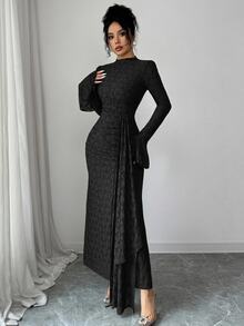 Seusyu French Design Lace High Neck Flared Waist Ruched Slim Fit Dress For Women - Black - View 8