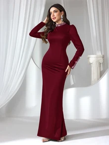 Coutiva Women Long Rhinestone & Faux Pearl Embellished Elegant Formal Evening Gown Party Dress, Wedding Guest Dress - Burgundy - View 7