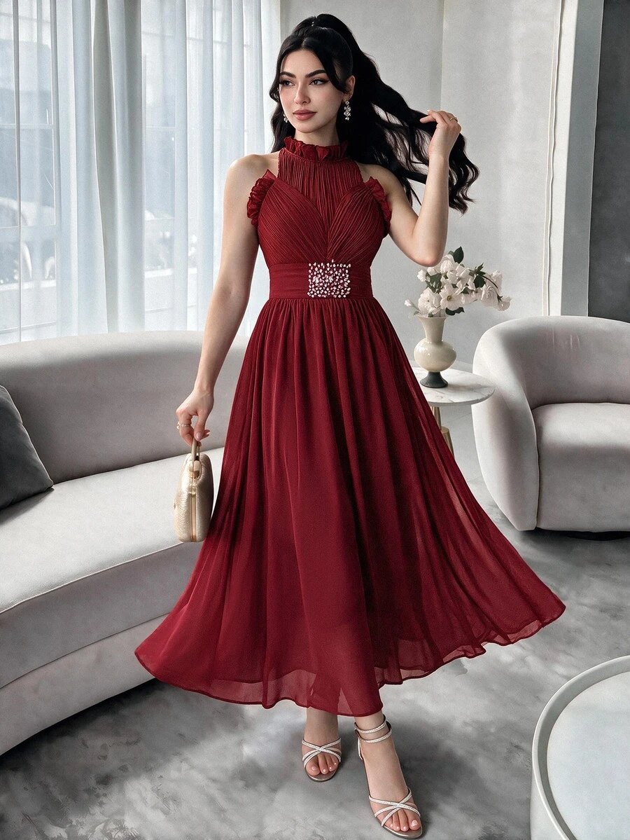 Modelyn Burgundy Red Women's Solid Color Simple Everyday Open Shoulder Dress,Party Dress Long Evening Dresses
