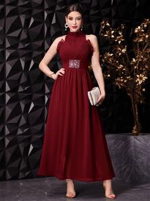 Modelyn Burgundy Red Women's Solid Color Simple Everyday Open Shoulder Dress,Party Dress Long Evening Dresses - Burgundy - View 9