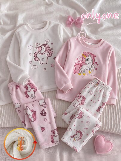 Girls Unicorn Pink Cute Warm Autumn/Winter Long Sleeve Thick Fleece Pajama Set Loungewear