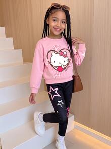 HELLO KITTY AND FRIENDS | SHEIN طقم سويت شيرت بياقة دائرية مطبوع برسومات كرتونية وسروال ضيق كاجوال للفتيات الصغيرات، مناسب للخريف/الشتاء - متعدد الألوان - مشاهدة 1