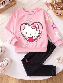 HELLO KITTY AND FRIENDS | SHEIN طقم سويت شيرت بياقة دائرية مطبوع برسومات كرتونية وسروال ضيق كاجوال للفتيات الصغيرات، مناسب للخريف/الشتاء - متعدد الألوان - مشاهدة 3