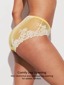 LUVLETTE Comfortable Breathable Soft Yellow Floral Lace Mid-Waist Underwear Briefs - Yellow - View 8