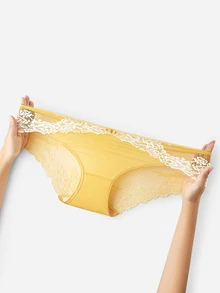 LUVLETTE Comfortable Breathable Soft Yellow Floral Lace Mid-Waist Underwear Briefs - Yellow - View 7