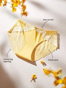LUVLETTE Comfortable Breathable Soft Yellow Floral Lace Mid-Waist Underwear Briefs - Yellow - View 3