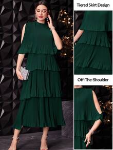 Seusyu Women's Solid Color Stand Collar Sleeveless Pleated Simple Casual Long Dress - Dark Green - View 3