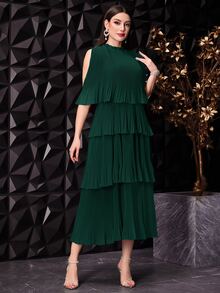 Seusyu Women's Solid Color Stand Collar Sleeveless Pleated Simple Casual Long Dress - Dark Green - View 7