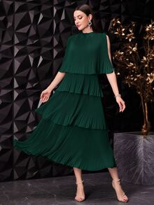 Seusyu Women's Solid Color Stand Collar Sleeveless Pleated Simple Casual Long Dress - Dark Green - View 10