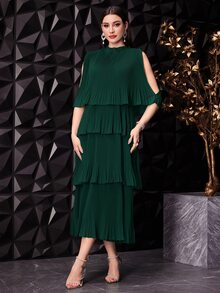 Seusyu Women's Solid Color Stand Collar Sleeveless Pleated Simple Casual Long Dress - Dark Green - View 6