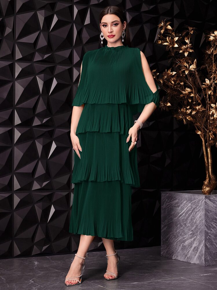 Seusyu Women's Solid Color Stand Collar Sleeveless Pleated Simple Casual Long Dress - Dark Green - View 5