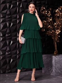 Seusyu Women's Solid Color Stand Collar Sleeveless Pleated Simple Casual Long Dress - Dark Green - View 9