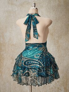 SHEIN ICON 女款大尺碼青色佩斯利花紋復古性感90年代休閒正式傳統波希米亞風夏季度假洋裝 Y2K 深V領掛脖修身約會晚裝 - 彩色 - 查看 9