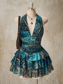 SHEIN ICON 女款大尺碼青色佩斯利花紋復古性感90年代休閒正式傳統波希米亞風夏季度假洋裝 Y2K 深V領掛脖修身約會晚裝 - 彩色 - 查看 2