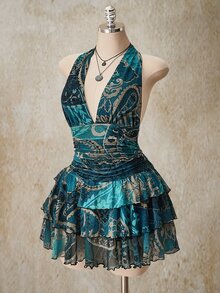 SHEIN ICON 女款大尺碼青色佩斯利花紋復古性感90年代休閒正式傳統波希米亞風夏季度假洋裝 Y2K 深V領掛脖修身約會晚裝 - 彩色 - 查看 6
