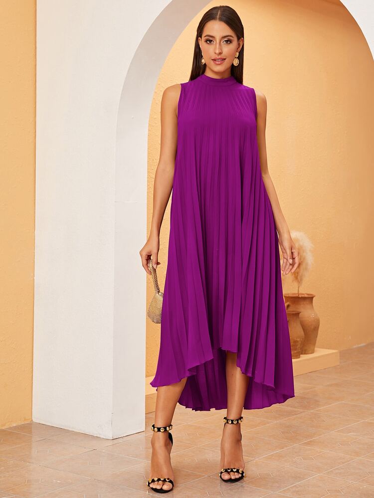 Modelyn High Low Hem Pleated Swing Dress - Purple - View 2