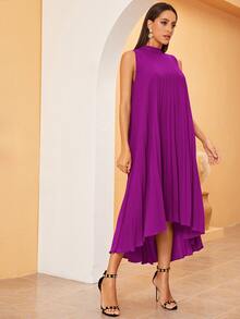 Modelyn High Low Hem Pleated Swing Dress - Purple - View 7