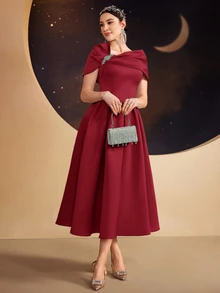 Modelyn Women's Solid Color Asymmetric Neck Ruffle Decor Short Sleeve Elegant Summer Dress,Party Dress,Party Dress Long Evening Dresses - Red - View 5