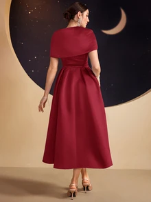 Modelyn Women's Solid Color Asymmetric Neck Ruffle Decor Short Sleeve Elegant Summer Dress,Party Dress,Party Dress Long Evening Dresses - Red - View 3