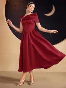 Modelyn Women's Solid Color Asymmetric Neck Ruffle Decor Short Sleeve Elegant Summer Dress,Party Dress,Party Dress Long Evening Dresses - Red - View 7