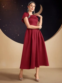 Modelyn Women's Solid Color Asymmetric Neck Ruffle Decor Short Sleeve Elegant Summer Dress,Party Dress,Party Dress Long Evening Dresses - Red - View 4