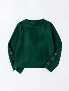 SHEIN Young Girls Aesthetic Preppy Clothing Suit, Textured Long Sleeve Tee Top And Coordinated Button Skirt 2Pcs Matching Set - Dark Green - View 5