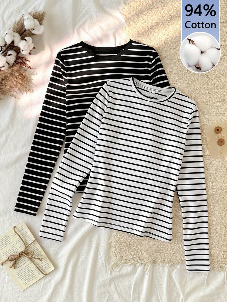 Tseoso Women's Striped Casual Daily Wear Long-Sleeve T-Shirt 2-Pack Modern Urban Business Casual Fashion Women's Wear Office Attire Understated Old-Money St - Black and White - View 10