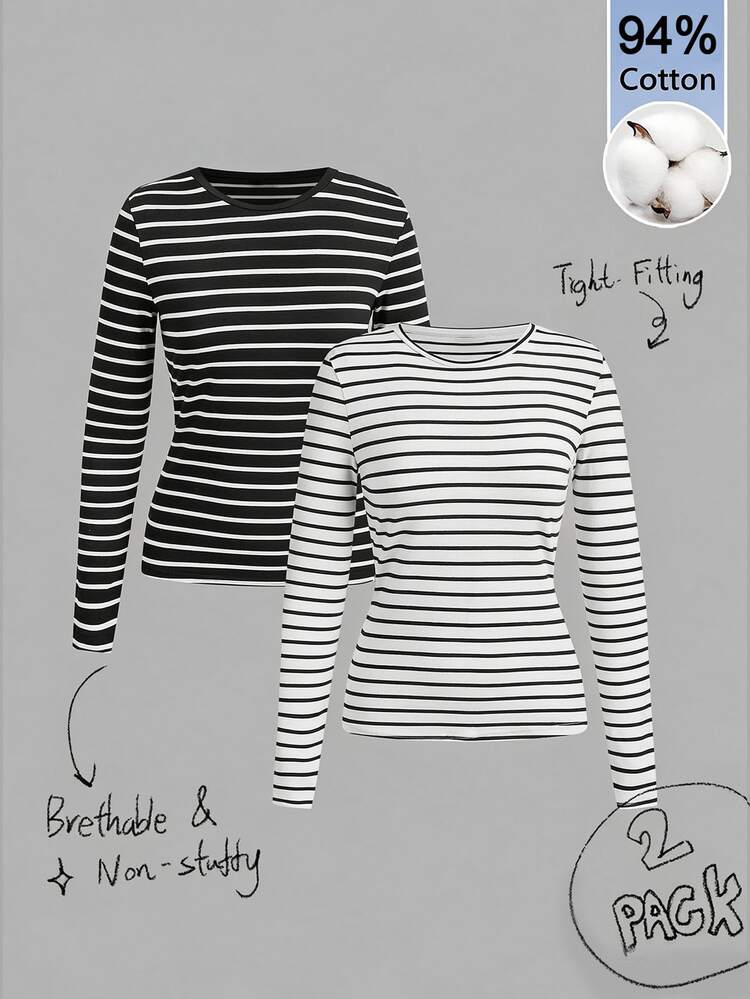 Tseoso Women's Striped Casual Daily Wear Long-Sleeve T-Shirt 2-Pack Modern Urban Business Casual Fashion Women's Wear Office Attire Understated Old-Money St - Black and White - View 3