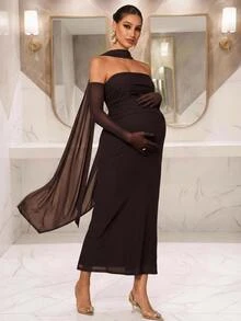 MaterniChic Elegant Chic Sexy Cold Shoulder High-Waist Maternity Dress Fall Formal Photoshoot - Brown - View 5