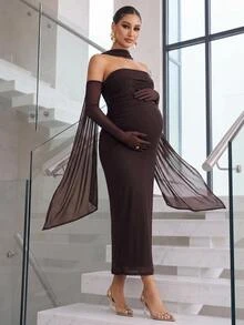 MaterniChic Elegant Chic Sexy Cold Shoulder High-Waist Maternity Dress Fall Formal Photoshoot - Brown - View 4