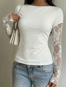 CovetEZ 95% Cotton Casual White Knit Lace Patchwork 2 In 1 Long Sleeve Top For Women, Summer - White - View 11