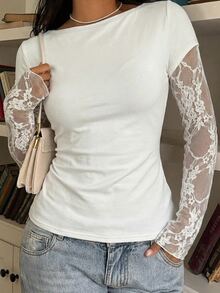 CovetEZ 95% Cotton Casual White Knit Lace Patchwork 2 In 1 Long Sleeve Top For Women, Summer - White - View 10