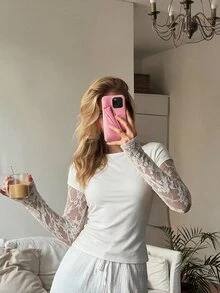 CovetEZ 95% Cotton Casual White Knit Lace Patchwork 2 In 1 Long Sleeve Top For Women, Summer - White - View 2