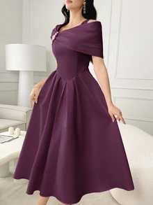 Modelyn Women's Solid Color Asymmetric Neck Ruffle Decor Short Sleeve Elegant Summer Dress,Party Dress,Party Dress Long Evening Dresses - Purple - View 5