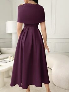 Modelyn Women's Solid Color Asymmetric Neck Ruffle Decor Short Sleeve Elegant Summer Dress,Party Dress,Party Dress Long Evening Dresses - Purple - View 8