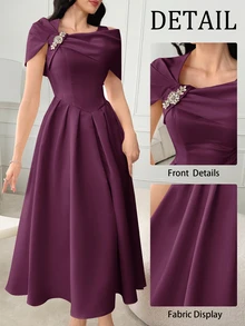 Modelyn Women's Solid Color Asymmetric Neck Ruffle Decor Short Sleeve Elegant Summer Dress,Party Dress,Party Dress Long Evening Dresses - Purple - View 3