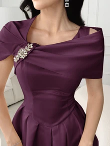 Modelyn Women's Solid Color Asymmetric Neck Ruffle Decor Short Sleeve Elegant Summer Dress,Party Dress,Party Dress Long Evening Dresses - Purple - View 10