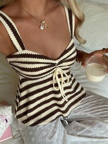 CovetEZ 女士纯棉黄棕条纹针织抽绳背心 - 性感可爱椰子女孩波西米亚风，海岛女孩复古造型，完美适合春夏穿搭、外出、度假、音乐节、海边度假和浪漫假期氛围 - 彩色 - 查看 6