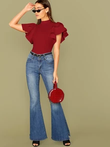 Modelyn Burgundy Red Mock Neck Exaggerated Ruffle Trim Bodysuit - Burgundy - View 7
